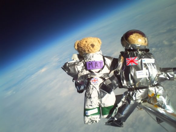 Two teddy bears sent high in the atmosphere by students in Cambridge, England in 2008. Credit: CU Spaceflight