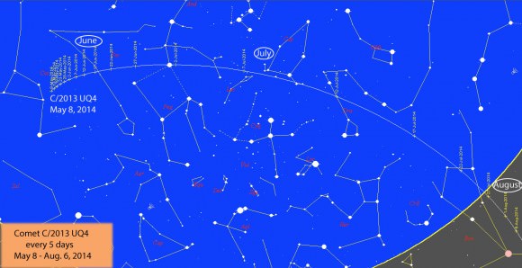 Wide field map showing the comet's movement from Cetus through Pisces and into Cepheus in July when it becomes circumpolar for skywatchers at mid-northern latitudes. It should reach peak brightness of 7th magnitude in early July. Created with Chris Marriott's SkyMap program