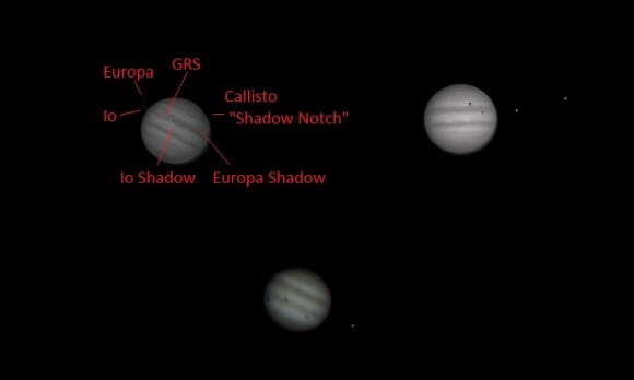 A study of three multi-shadow transits: last year's (upper left) a double shadow transit from early 2014 (upper right) and 2004 (bottom. Photos by author.