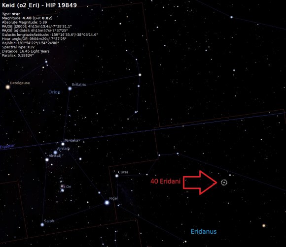 Locating 40 Eridani. Created using Stellarium.