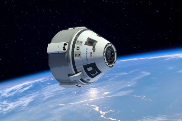 Boeing CST-100 manned space capsule in free flight in low Earth orbit will transport astronaut crews to the International Space Station. Credit: Boeing
