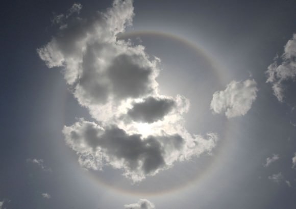 A couple hours after the flying pig image, the sun was beyond 50 degrees altitude. The circumscribed halo had vanished! Credit: Bob King