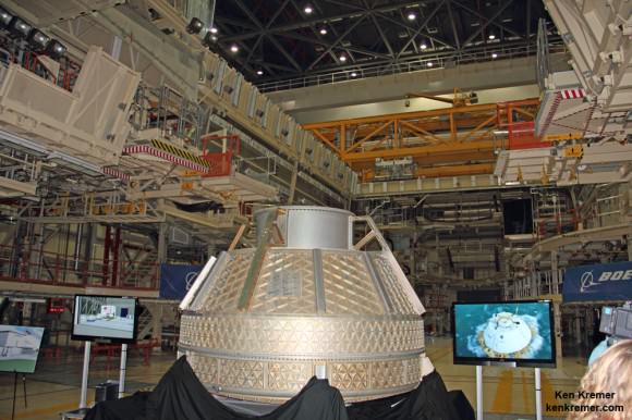 Early version of Boeing CST-100 pressure vessel mockup inside OPF-3 and surrounded by shuttle era scaffolding at the Kennedy Space Center, FL.   Credit: Ken Kremer – kenkremer.com