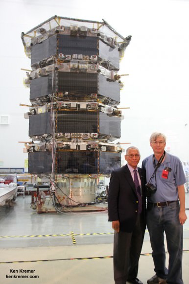 NASA Administrator Charles Bolden and Ken Kremer (Universe Today) inspect NASA’s Magnetospheric Multiscale (MMS) mated quartet of stacked spacecraft at the cleanroom at NASA's Goddard Space Flight Center in Greenbelt, Md., on May 12, 2014.  Credit: Ken Kremer- kenkremer.com