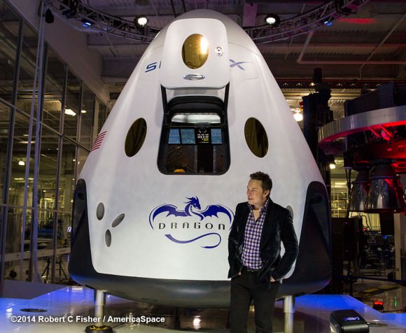 SpaceX CEO Elon Musk unveils SpaceX Dragon V2 next generation astronaut spacecraft on May 29, 2014.  Credit:  Robert Fisher/America Space