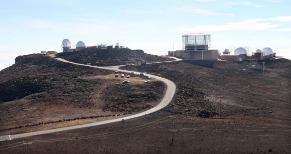 DKIST is under construction in the observatory complex on Haleakala Crater in Maui, Hawaii. The Maui Space Surveillance is the large structure near top center. Photo take Oct. 2013. Credit: Bob King