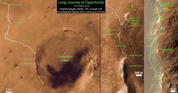 Traverse Map for NASA’s Opportunity rover from 2004 to 2014 - A Decade on Mars.  This map shows the entire path the rover has driven during a decade on Mars and over 3660 Sols, or Martian days, since landing inside Eagle Crater on Jan 24, 2004 to current location along Murray Ridge south of Solander Point summit at the western rim of Endeavour Crater and heading to clay minerals at Cape Tribulation.  Opportunity discovered clay minerals at Esperance - indicative of a habitable zone.  Credit: NASA/JPL/Cornell/ASU/Marco Di Lorenzo/Ken Kremer