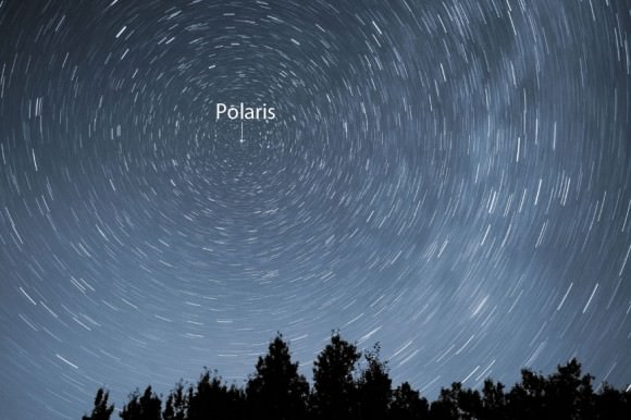 Time exposure centered on Polaris, the North Star. Notice that the closer stars are to Polaris, the smaller the circles they describe. Stars at the edge of the frame make much larger circles. Credit: Bob King