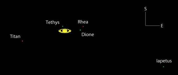 Saturn and its moons Tuesday night May 13 around 10 p.m. CDT. Titan's the brightest and easiest. Iapetus ranges from magnitude +10 when it's west of Saturn and we see its bright hemisphere to magnitude +12 when it's west of the planet as it will be this week. Created with Meridian software