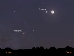Saturn and the moon tomorrow night just before midnight as viewed from the Midwestern U.S. View faces south-southeast. Stellarium