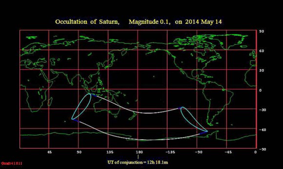 Map showing the region where the occultation of Saturn will be visible. Click to get the times of Saturn's disappearance and reappearance for individual cities. Times are given in UT or Universal Time. Add 9.5 hours for Australian Central Standard Time. Credit: IOTA