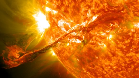 On August 31, 2012 a long filament of solar material that had been hovering in the sun's atmosphere, the corona, erupted out into space at 4:36 p.m. EDT. The coronal mass ejection, or CME, traveled at over 900 miles per second.