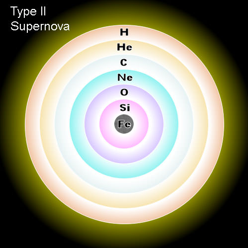 The core of a red or blue supergiant moments before exploding as a supernova looks like an onion with multiple elements "burning" through the fusion process to create the heat to stay the force of gravity. Fusion stops at iron. With no energy pouring from the central core to keep the other elements cooking, the star collapses and the rebounding shock wave tears it apart. 