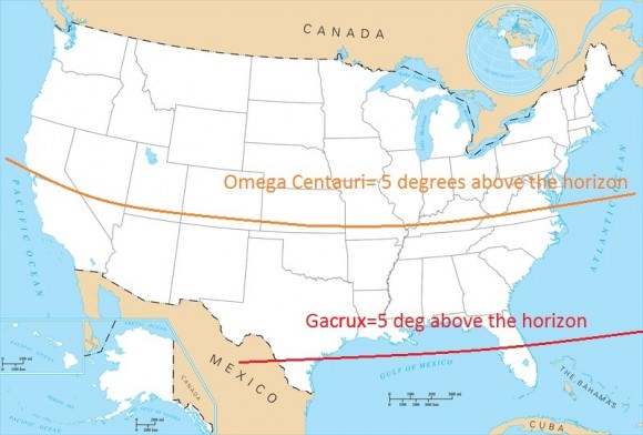Approximate cutoff latitudes for spotting Omega Centauri and Gacrux to the south in May and June. Credit: USGS.
