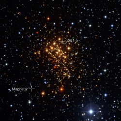 This image of the young star cluster Westerlund 1 was taken with the Wide Field Imager on the MPG/ESO 2.2-metre telescope at ESO’s La Silla Observatory in Chile. Although most stars in the cluster are hot blue supergiants, they appear reddish in this image as they are seen through interstellar dust and gas. European astronomers have for the first time demonstrated that the magnetar in this cluster — an unusual type of neutron star with an extremely strong magnetic field — probably was formed as part of a binary star system. The discovery of the magnetar’s former companion (Westerlund 1-5) elsewhere in the cluster helps solve the mystery of how a star that started off so massive could become a magnetar, rather than collapse into a black hole. Credit: ESO