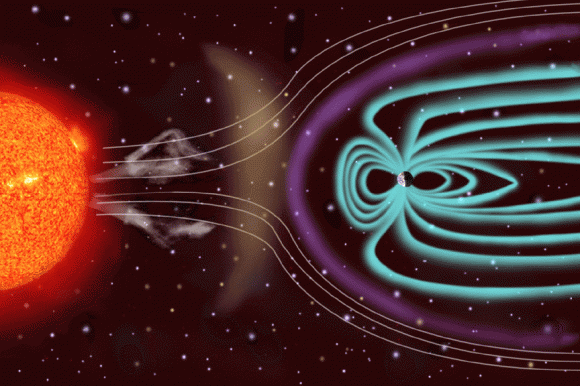 Artist's impression of the solar wind from the sun (left) interacting with Earth's magnetosphere (right).  The Parker Solar Probe studies this wind at its source. Credit: NASA

