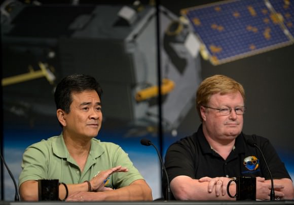Ralph Basilio, OCO-2 project manager with NASA’s Jet Propulsion Laboratory (JPL) in Pasadena, California, left, and Mike Gunson, OCO-2 project scientist at JPL, discuss the Orbiting Carbon Observatory-2 (OCO-2), NASA’s first spacecraft dedicated to studying carbon dioxide, during a press briefing, Thursday, June 12, 2014, at NASA Headquarters in Washington. Credit: NASA.