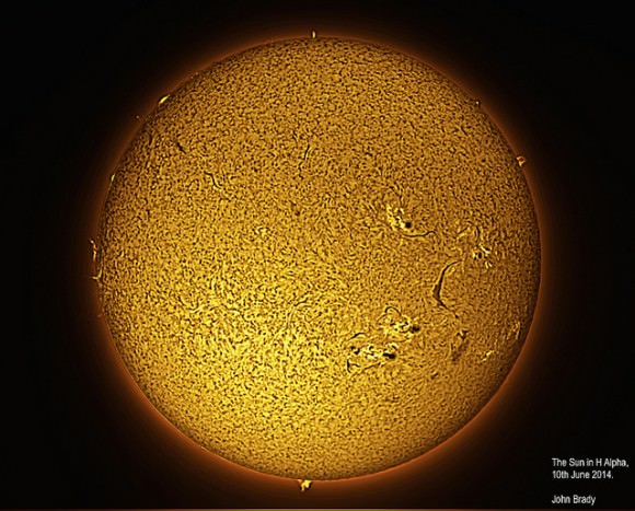 The full solar disk in hydrogen alpha on June 10, 2014. Credit and copyright: John Brady. 