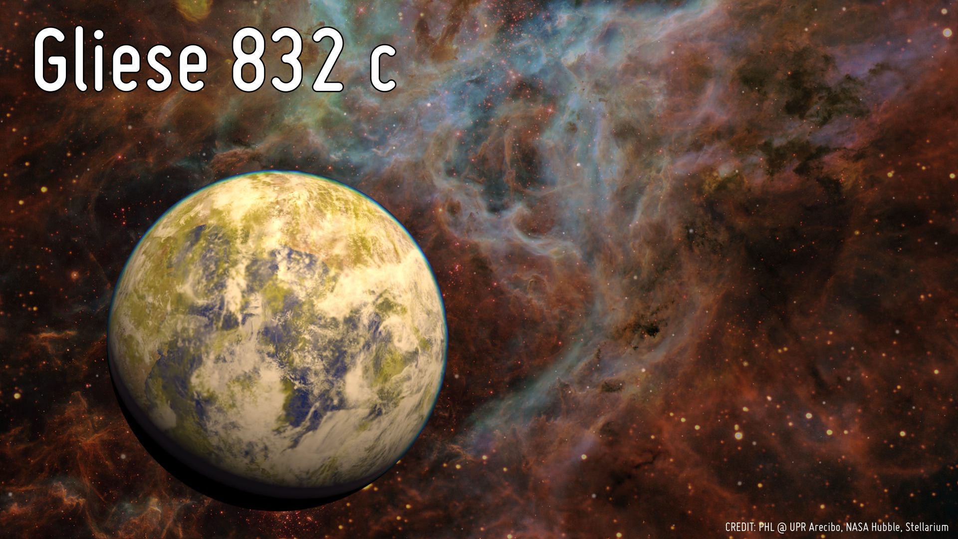 An artistic representation of Gliese 832 c against a stellar nebula background. A new paper says Gliese 832 might be home to another planet similar to this, but in the habitable zone. Credit: Planetary Habitability Laboratory at the University of Puerto Rico, Arecibo, NASA/Hubble, Stellarium.