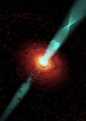 If we could see the blazar 3C 354.3 up close it would look something like this. A bright accretion disk surrounds a black hole. Twin jets of radiation beam from the center. Credit: Cosmovision