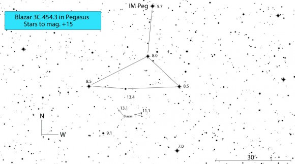 Detailed map showing the location of the blazar 3C 454.3. I've created a small asterism with a group of brighter stars with their magnitudes marked. A scale showing 30 arc minutes (1/2 degree) is at right. Stars shown to about magnitude +15. Created with Chris Marriott's SkyMap software