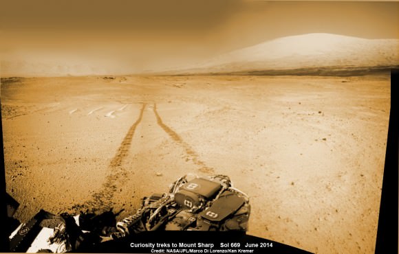 Curiosity treks to Mount Sharp in this photo mosaic view captured on Sol 669, June 24, 2014.    Navcam camera raw images stitched and colorized.   Credit: NASA/JPL-Caltech/Marco Di Lorenzo/Ken Kremer – kenkremer.com