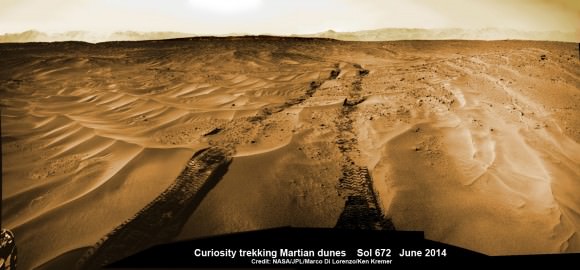 Curiosity treks across Martian dunes and drives outside landing ellipse here, in this photo mosaic view captured on Sol 672, June 27, 2014.    Navcam camera raw images stitched and colorized.   Credit: NASA/JPL-Caltech/Marco Di Lorenzo/Ken Kremer – kenkremer.com