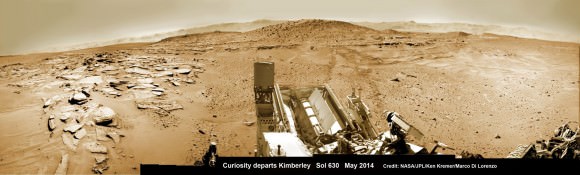 Curiosity’s panoramic view departing Mount Remarkable and ‘The Kimberley Waypoint’ where rover conducted 3rd drilling campaign inside Gale Crater on Mars. The navcam raw images were taken on Sol 630, May 15, 2014, stitched and colorized. Credit: NASA/JPL-Caltech/Ken Kremer – kenkremer.com/Marco Di Lorenzo
