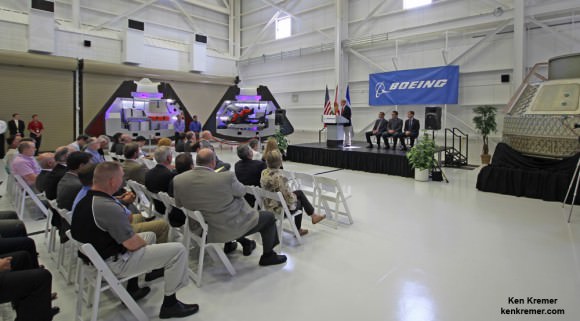 US Senator Bill Nelson (FL) addresses crowd at unveiling ceremony for Boeing’s CST-100 manned capsule to the ISS at the Kennedy Space Center, Florida on June 9, 2014.  Credit: Ken Kremer - kenkremer.com