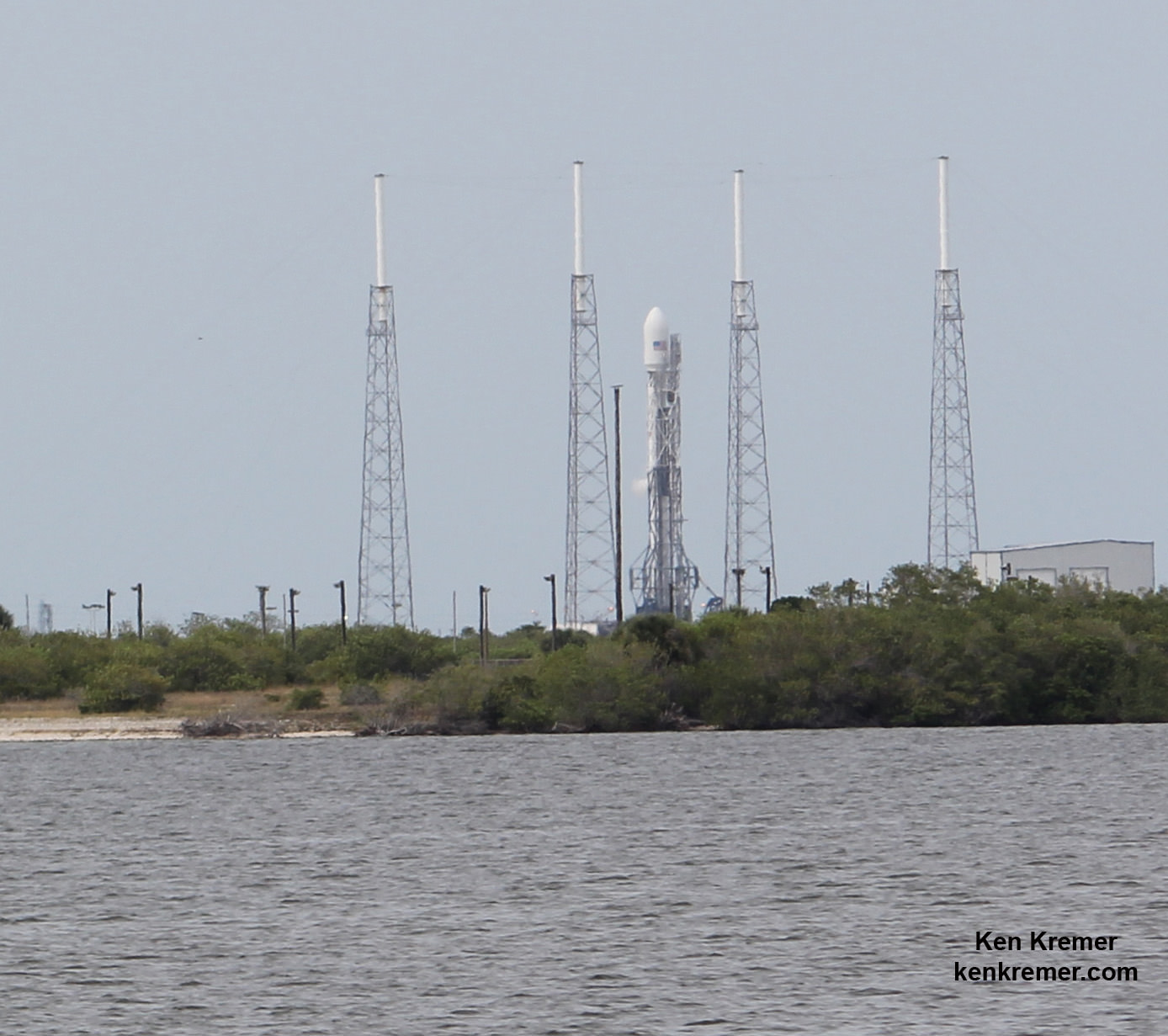 SpaceX Falcon 9 rocket after successful static hot-fire test on June 13, 2014 on Pad 40 at Cape Canaveral, FL.  Launch is slated for Friday, June 20, 2014  on ORBCOMM OG2 mission with six OG2 satellites. Credit: Ken Kremer/kenkremer.com