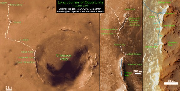 Traverse Map for NASA’s Opportunity rover from 2004 to 2014 - A Decade on Mars. This map shows the entire path the rover has driven during a decade on Mars and over 3692 Sols, or Martian days, since landing inside Eagle Crater on Jan 24, 2004 to current location along Pillinger Point ridge south of Solander Point summit at the western rim of Endeavour Crater and heading to clay minerals at Cape Tribulation.  Opportunity discovered clay minerals at Esperance - indicative of a habitable zone.  Credit: NASA/JPL/Cornell/ASU/Marco Di Lorenzo/Ken Kremer