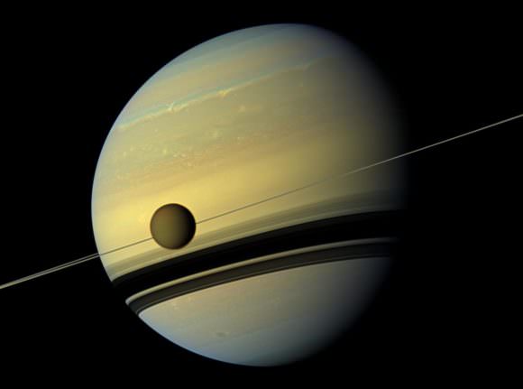 Saturn and its moon, Titan, appear together in this view from the Cassini spacecraft. Credit: NASA/JPL-Caltech/SSI