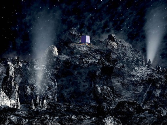 Artist's impression (from 2002) of the Philae lander during descent on Comet 67P/Churyumov-Gerasimenko. Credit: ESA, image by AOES Medialab