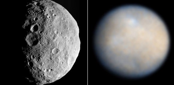 Vesta (left) and Ceres. Vesta was photographed up close by the Dawn spacecraft from July 2011-Sept. 2012, while the best views we have to date of Ceres come from the Hubble Space Telescope. The bright white spot is still a mystery. Credit: NASA