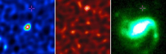 Observations of the host galaxy for GRB 020819B. Radio measurements of molecular gas (left) and dust (middle), both of which are observed with ALMA. An image in visible-light captured by the Frederick C. Gillett Gemini North Telescope (right). The cross indicates the location of the GRB site. Image Credit: Bunyo Hatsukade(NAOJ), ALMA (ESO/NAOJ/NRAO)
