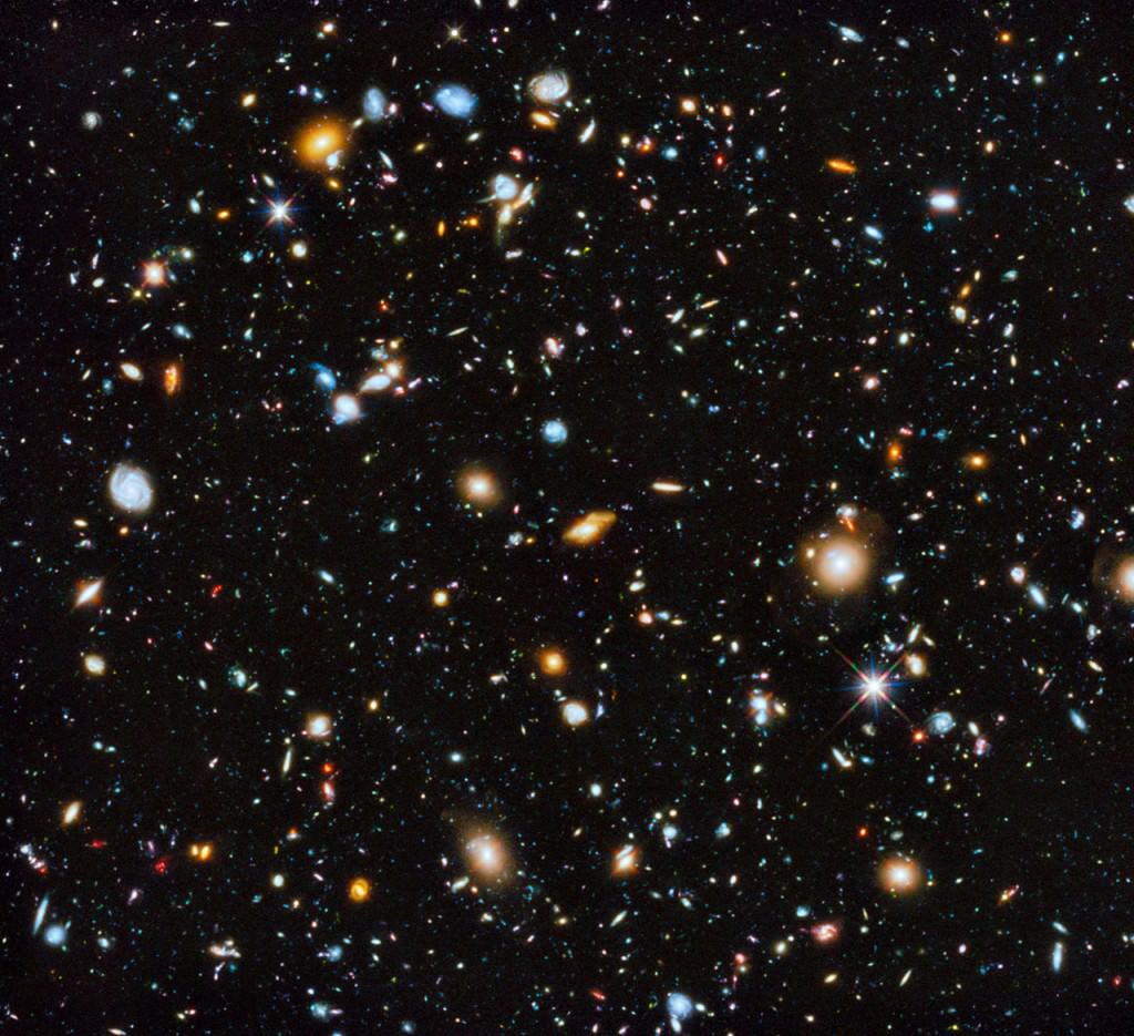 The Hubble Ultra Deep Field is seen in ultraviolet, visible, and infrared light.  Image credits: NASA, ESA, H. Teplitz and M. Rafelski (IPAC/Caltech), A. Koekemoer (STScI), R. Windhorst (Arizona State University), and Z. Levay (STScI)