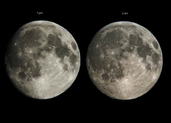 Two views of the the 13-day old Moon on  June 11, 2014 at  7 pm and 2 am local time, as seen from Lahore, Pakistan.  Credit and copyright: Roshaan Bukhari.