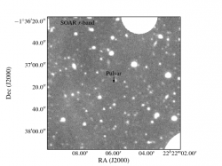 An image taken in visible light at the SOAR telescope of the field of the pulsar/white dwarf pair. There is no evidence for the white dwarf at the position of the pulsar in this deep image, indicating that the white dwarf is much fainter, and therefore cooler, than any such known object. (The two large white circles mask bright, overexposed stars.)