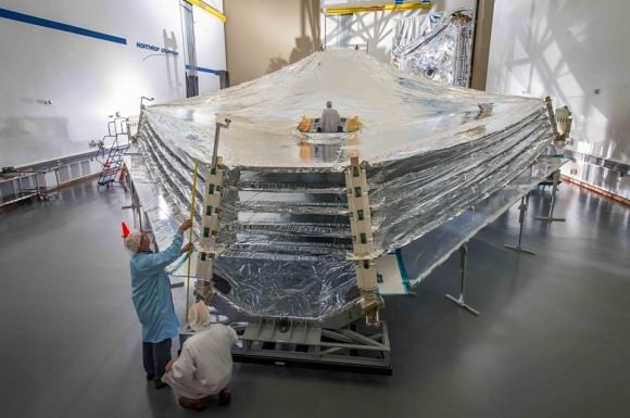 Sunshield test unit on NASA's James Webb Space Telescope is unfurled for the first time at Northrup Grumman.  Credit: NASA