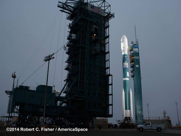Prelaunch view of NASA’s Orbiting Carbon Observatory-2 and United Launch Alliance Delta II rocket unveiled at  Space Launch Complex 2 at Vandenberg Air Force Base in California. Credit: Robert Fisher/America/Space