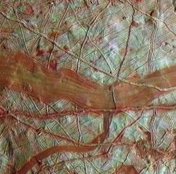 A "colorized" image of Europa from NASA's Galileo spacecraft, whose mission ended in 2003. The whiteish areas are believed to be pure water ice. Credit: NASA/JPL-Caltech/SETI Institute