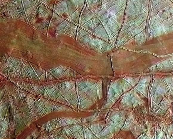 A "colorized" image of Europa from NASA's Galileo spacecraft, whose mission ended in 2003. The whiteish areas are believed to be pure water ice. Credit: NASA/JPL-Caltech/SETI Institute