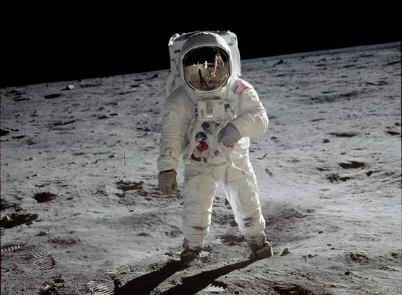 Aldrin on the Moon. Astronaut Buzz Aldrin walks on the surface of the moon near the leg of the lunar module Eagle during the Apollo 11 mission. Mission commander Neil Armstrong took this photograph with a 70mm lunar surface camera. While astronauts Armstrong and Aldrin explored the Sea of Tranquility region of the moon, astronaut Michael Collins remained with the command and service modules in lunar orbit. Image Credit: NASA