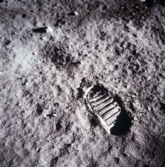 Bootprint.  A close-up view of astronaut Buzz Aldrin's bootprint in the lunar soil, photographed with the 70mm lunar surface camera during Apollo 11's sojourn on the moon.  Image Credit: NASA
