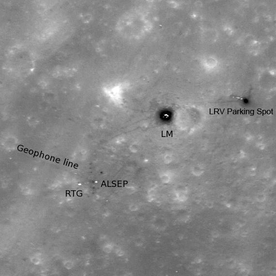 The Apollo 16 landing site in the Descartes Highlands, taken by the Lunar Reconnaissance Orbiter in 2010. Visible is the descent stage of Orion, the lunar module (LM), the "parking spot" of the Lunar Roving Vehicle (LRV), the Apollo Lunar Science Experiment Package (ALSEP), a radioisotope generator (RTG) and the geophone line, which is part of the mission's Active Seismic Experiment. Credit: NASA's Goddard Space Flight Center/Arizona State University
