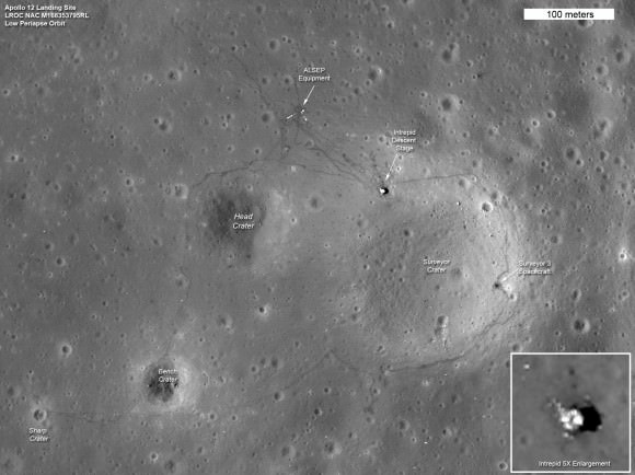 The Apollo 12 and Surveyor 3 landing sites in the Ocean of Storms on the moon. Visible is the descent stage of Intrepid (the lunar module) and the robotic craft Surveyor 3, which the astronauts took a sample from while they were on the surface. Also labelled are craters the astronauts visited. Credit: NASA/Goddard/Arizona State University