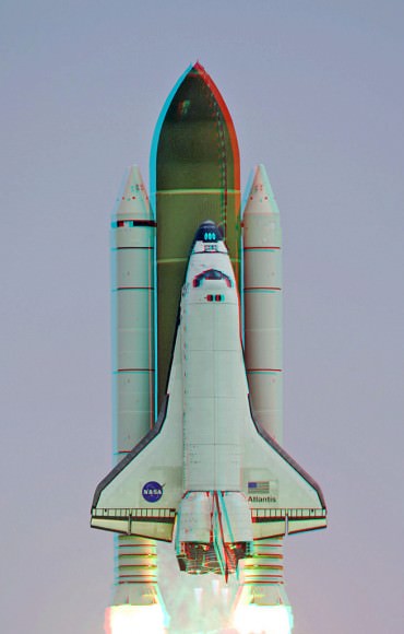 A 3-D picture of Atlantis lifting off on the last shuttle mission of the program, STS-135, on July 8, 2011. Credit:  Nathanial Burton-Bradford