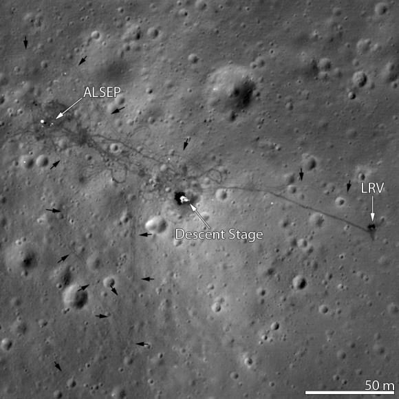 The Apollo 15 landing site at Hadley plains, taken by the Lunar Reconnaissance Orbiter from an altitude of 15.5 miles (25 kilometers) in 2012. Visible is the descent stage of Falcon (the lunar module), the Lunar Roving Vehicle (LRV) and the Apollo Lunar Surface Experiment Package (ALSEP). The site is marked by rover tracks. Credit: NASA Goddard/Arizona State University