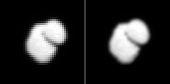 Raw pixelated image of the comet (left) and after smoothing. Credit: ESA