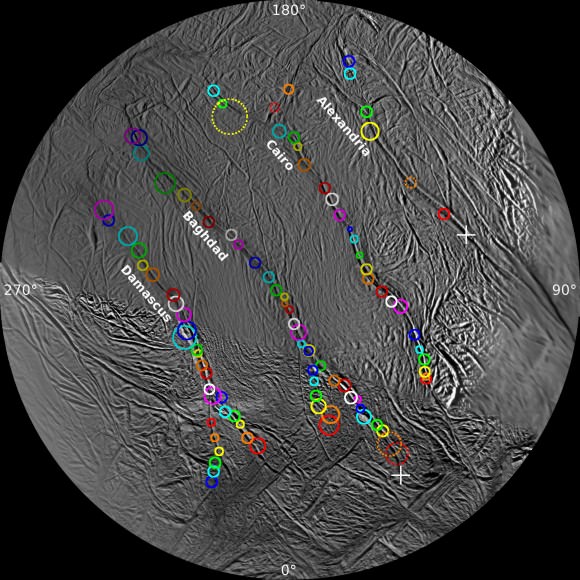 Surveyor's Map of Enceladus' Geyser Basin - On this polar stereographic map of Enceladus' south polar terrain, all 100 geysers have been plotted whose source locations have been determined in Cassini's imaging survey of the moon's geyser basin. Credit: NASA/JPL-Caltech/SSI